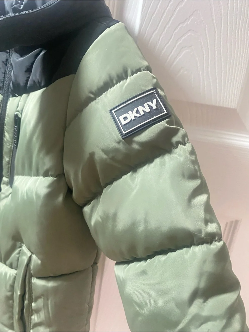 DKNY Boys Olive Green Puffer Jacket with Black Hood